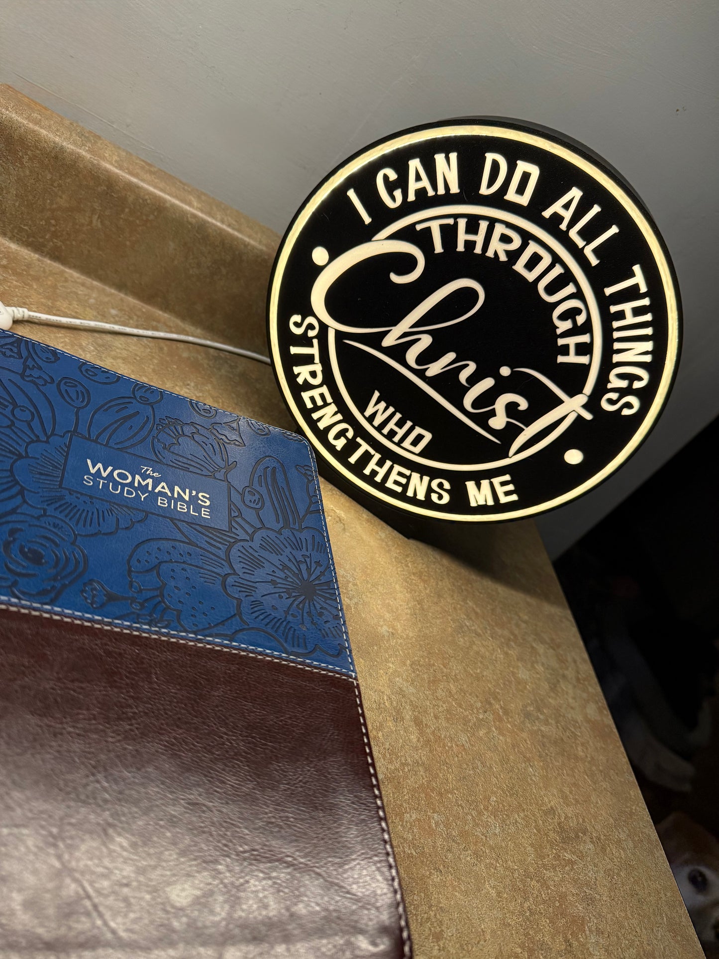 Round LED lighted desktop Bible verse