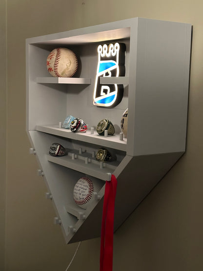 Home plate sized baseball championship ring display - Wall mounted
