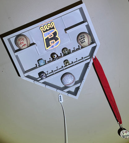 Home plate sized baseball championship ring display - Wall mounted